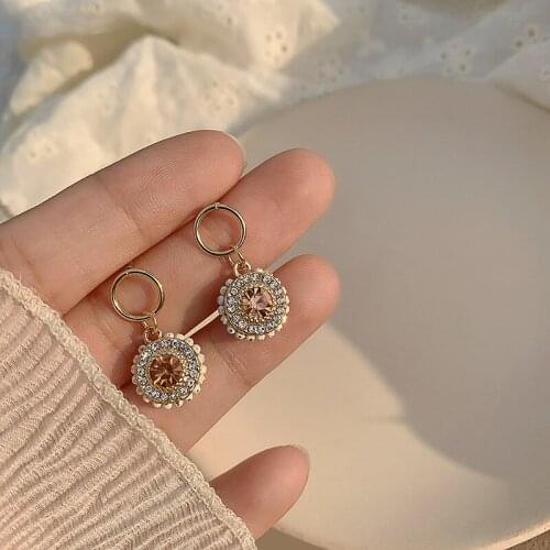 Korea Harajuku Style Retro Openwork Pattern Pearl Rhinestone Round Pendant Earrings Simple and Small art ear hook Women Jewelry