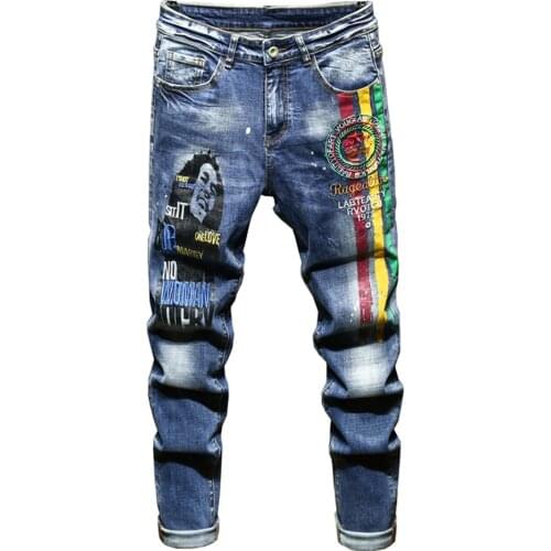 Mens Letters Embroidery Painted Stretch Denim Jeans Streetwear Trendy Slim Straight Pants Trousers
