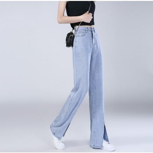 The new ice silk slit wide-leg womens high waist is thin and drape thin loose ice silk straight-leg jeans