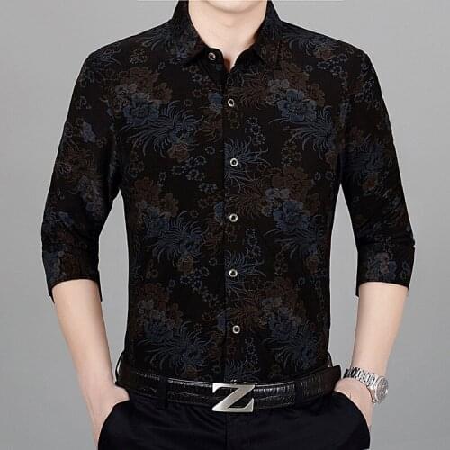 Dark-colored printing middle-aged wash and wear long-sleeved shirt Autumn 2018 New quality soft comfortable thin shirt men M-3XL