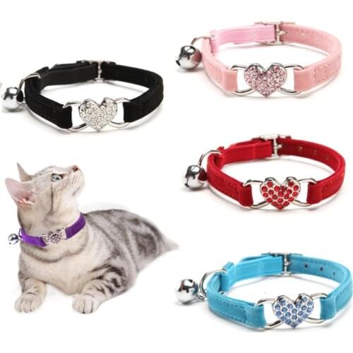 Y5GB Cat Collar Adjustable Soft Velvet Kitten Collar Elastic Belt with Shining Heart Decoration and Bell 5 Colors