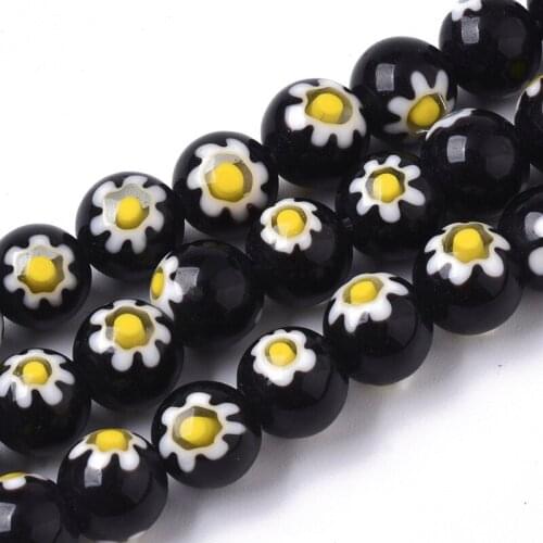 Pandahall About 48pcs/strand 8mm Handmade Millefiori Lampwork Beads Flower Pattern Round Loose Beads Fit Jewelry Bracelet DIY