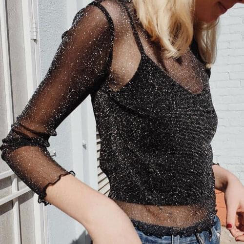 Sexy Women Glitter Sheer Mesh Top Long-Sleeve Casual Perspective Hollow Out Tee Shine Basic T-shirt Tops JL
