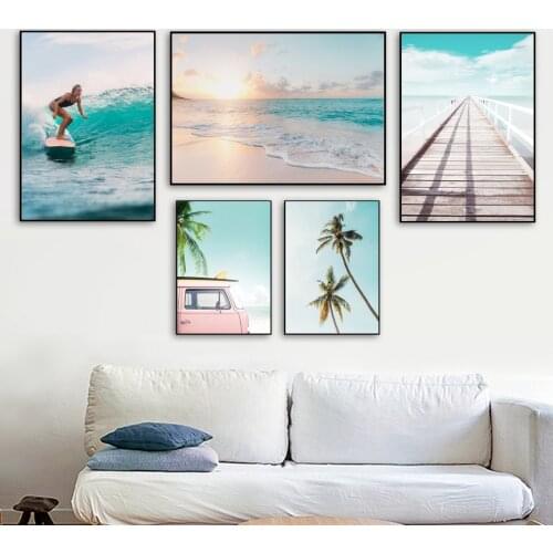Surfing Girl Bridge Sea Beach Landscape Wall Art Canvas Painting Nordic Posters And Prints Wall Pictures For Living Room Decor
