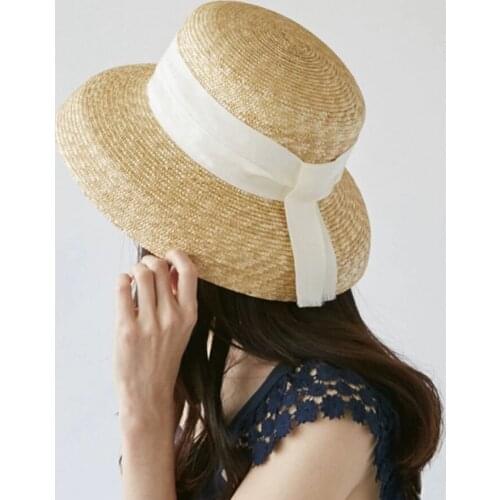 Women Summer Big Floppy Hat Wheat Straw Hat with Black White Ribbon Lace Tie Wide Brim 10CM Sun Hat UV Protection Beach Cap