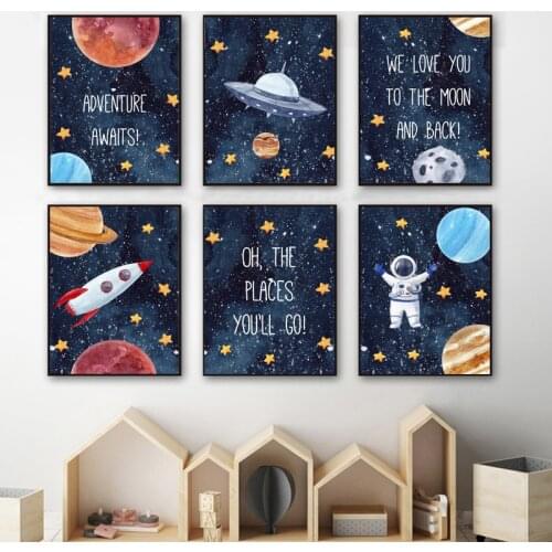 Nordic Space Theme Print Posters Nursery Cartoon Spaceman Canvas Painting Child Quote Wall Art Picture Rocket Kid Room Decor