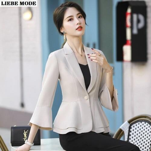 Woman Three Quarter Sleeve Flare Sleeve Blazer Beige Womens Black White Slim Fit Blazer Women Fashion Ruffle Peplum Suit Jacket