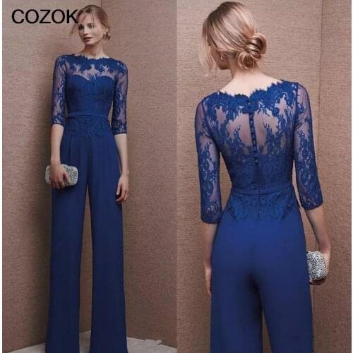 Royal Blue 2021 Plus Size Mother Of Bride Pant Suit 3/4 Lace Sleeve Mother Jumpsuit Chiffon Cocktail Party Evening Dresses
