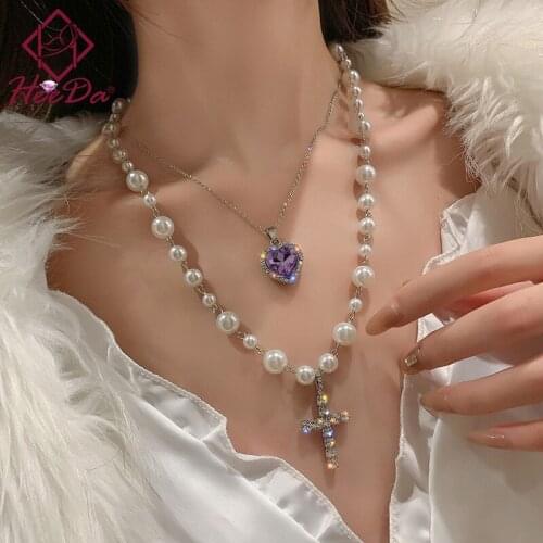 Womens Graceful Pearl Strand Necklace Fashion Shiny Purple Crystal Heart Cross Short Necklaces Lady Elegant Neck Accessories