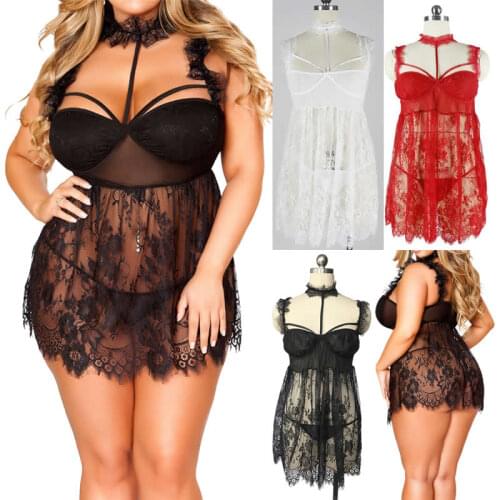 2PCS/Sets Plus Size Transparent Black Lace Lingerie Women Sexy Erotic Dress Ruffle Strap Robe Sexy Erotique Embroidery Sleepwear