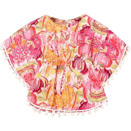 2021-05-12 Lioraitiin 0-3Years Toddler Kids Girl Sun-Proof Clothing Floral Print Round Neck Batwing Sleeve Smock Pullover