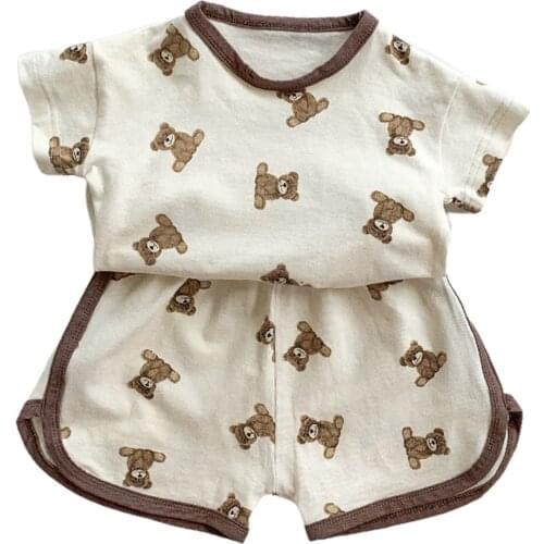 2021 0-3Y Baby Boys Girls Pajama Sets Toddlers Summer Creative Cartoon Bear Printing Round Collar Short Sleeve Tops+Shorts 2pcs