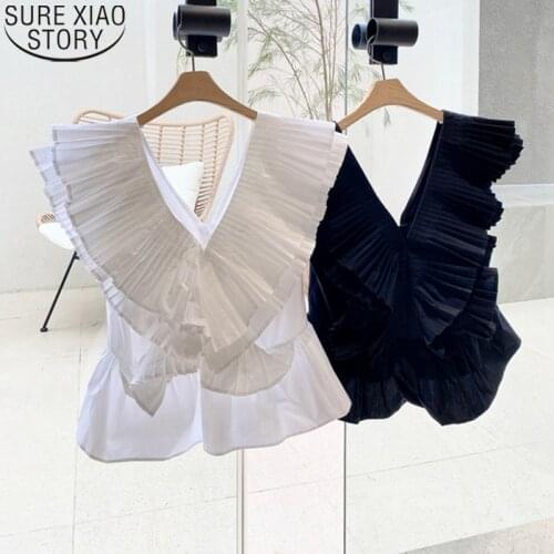 Sexy Elegant Pleated V-neck Summer Womens Shirt French Vintage Ruffles Blouse Female Flying Sleeve Slim Tops White Blusas 15519