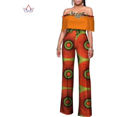 BRW Women Clothing Africa Rompers Womens Jumpsuit Bazin Riche Out Off Shoulder Long Pants for Women High Waist Bodysuit WY2481