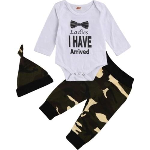 Baby Bodysuits Top Pants Newborn Cartoon Letters Printed Tops Hat Camouflage Outfits Clothing