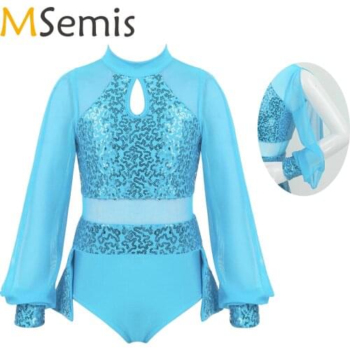 MSemis Kids Toddler Girls Ballroom Dance Costume Competition Dresses Split Sequins Ice Figure Skating Dress Gymnastics Leotard
