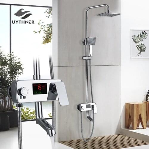 Newly Chrome Digital Display 8" Rainfall Shower Faucet In-wall Rotate Tub Spout Shower Mixer Set with Handheld Shower Mixer