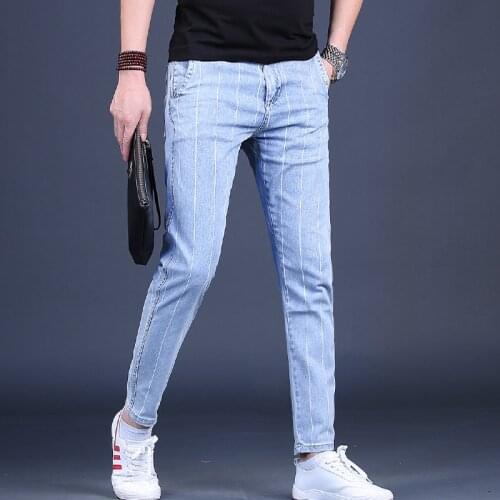 Striped Jeans Summer Blue Korean Style Men Slim Fit Denim Trousers Streetwear Male Casual Pants
