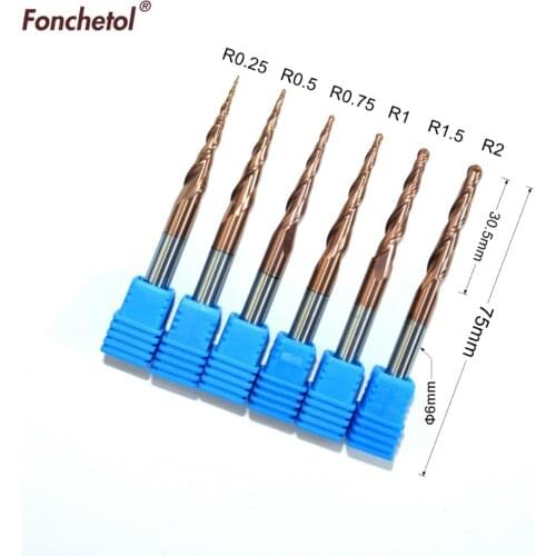 HRC55 Tungsten solid carbide 6mm Bronze coating Taper Ball Nose End Mill,TiAlSiN cone milling cutter,woodworking router bit