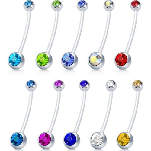 Pregnancy Flexible Bioflex Belly Rings Shining CZ Ball Navel Bar Retainer 14G 1.6mm, 1 1/2 Inch length