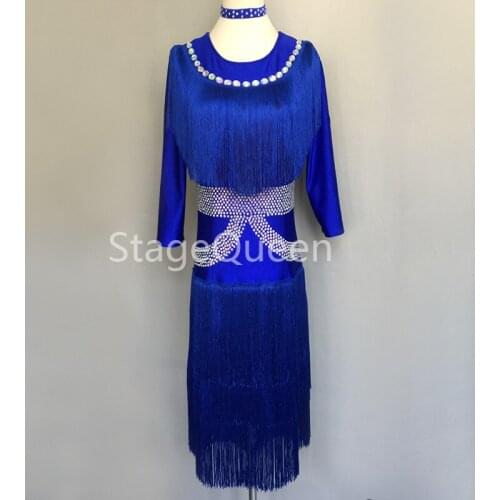 Custom Made Latin Dance Dress Women Girls Rumba Chacha Salsa Skirt Ballroom Competition Costume Rhinestones Blue Dance Dresses