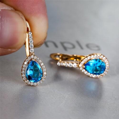 Dainty Water Drop Stone Hoop Earrings Charm Aqua Blue Zircon Earrings Antique Gold Color Small Earrings For Women Bridal Jewelry