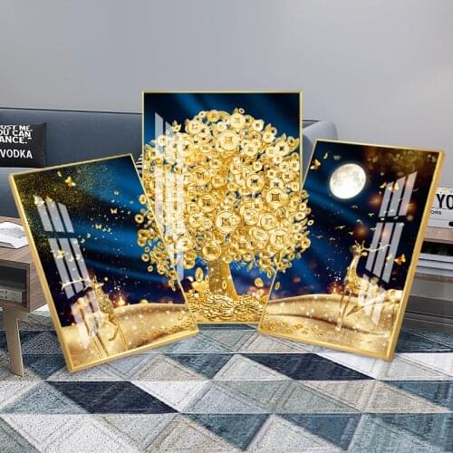 Money tree 5D Crystal Porcelain Painting for Living room Golden deer Diamond-studded painting Hotel Home decoration pictures