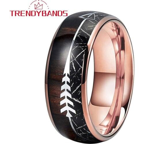 8mm Rose Gold Tungsten Ring for Men Women Domed Arrow Meteorite Wood Inlay Polished Finish Comfort Fit