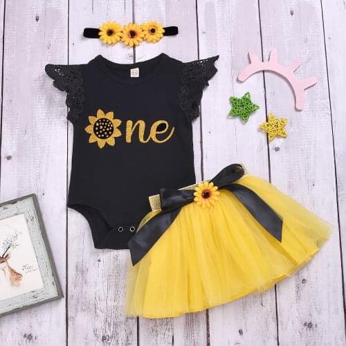 Baby Summer Letter One Birthday Outfits SunFlower 3Pcs Baby Girls Clothing Tutu Dress