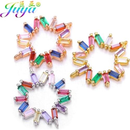 Juya DIY Rainbow Cubic Zirconia Round Charm Connectors Jewelry Accessories For Handmade Bracelet Earring Jewelry Making