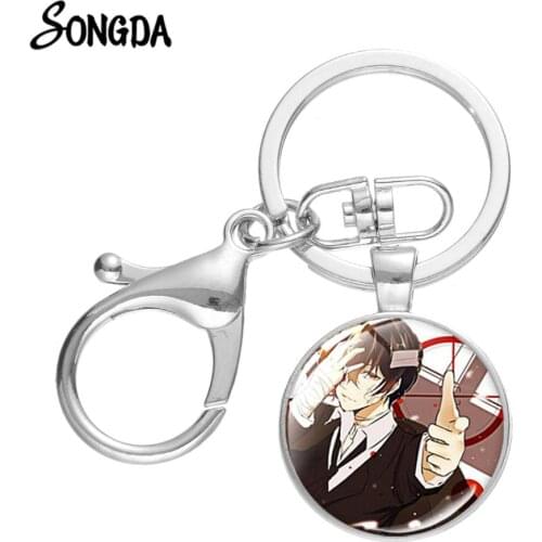 Fashion Hot Anime Bungou Stray Dogs Keychain Dazai Osamu Nakahara Chuya Cartoon Figures Key Chain 3D Printed Glass Dome Keyring