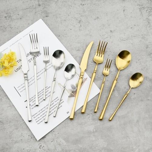 Matte Gold Tableware Vintage 304 Stainless Steel Cutlery Set Western Knife Fork Teaspoon Dinnerware Set Patry Kitchen Silverware