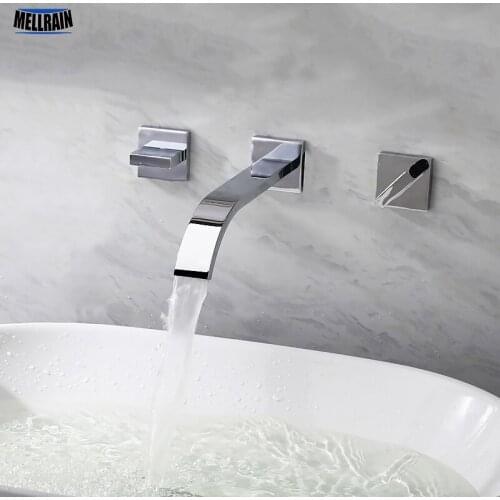 Wall mounted waterfall bathroom faucet double handles brass material chrome plated basin mixer faucet high quality in wall tap