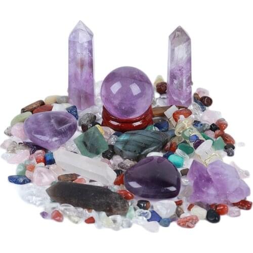 Natural Crystal Point Healing Heart Shape Stone Magic Wand 7 Chakras Round Smooth Gravel Gemstone Collection Box Reiki Crafts