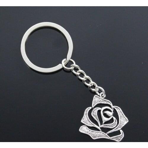 New Fashion Men 30mm Car Keychain DIY Metal Holder Chain Vintage Rose Flower 26x28mm Silver Color Pendant Gift