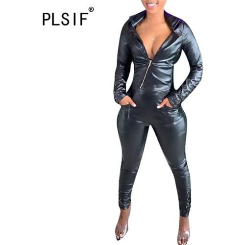 New Arrive PU Leather Tracksuit Long Sleeve Back Lace Up Punk 2 Pieces Track Suit Female Two Pieces Suit