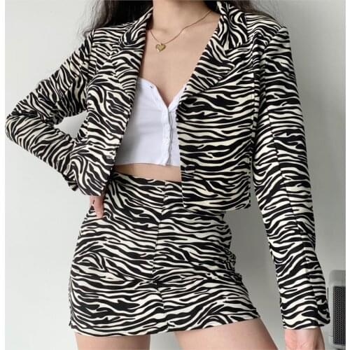 Black White Zebra Print Stripe Matching Set Jacket Women Crop Tops Suit High Waist A-line Sexy Mini Skirt Spaghetti Strap Dress