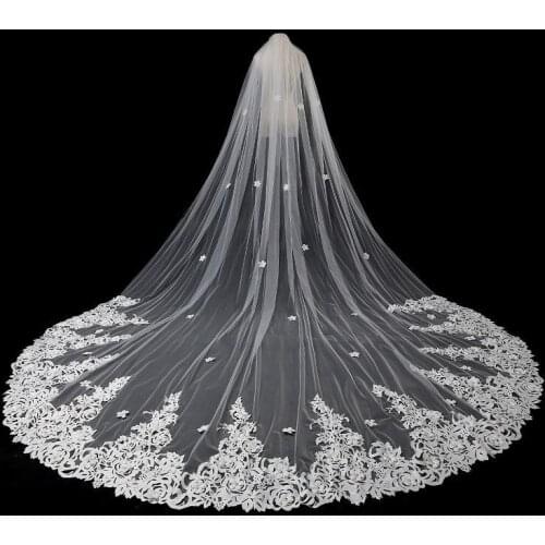 Princess Wedding Veils Cheap Long Lace 3 Meters Bridal Veils One Layer Custom Made Lace Applique Edge Bride Veil Free Shipping