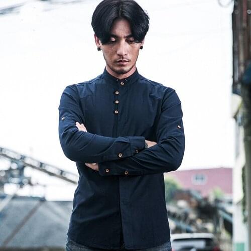 Fashion MenS Casual Stand Collar Button Solid Long Sleeve Top Blouse Cotton Linen Casual Slim Fit Loose Shirts Blouse KK3021