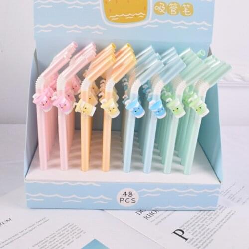 48 pcs Gel Pens Kawai Cartoon Cool drinking straw black colored gel-ink pens for writing Cute stationery office school supplies