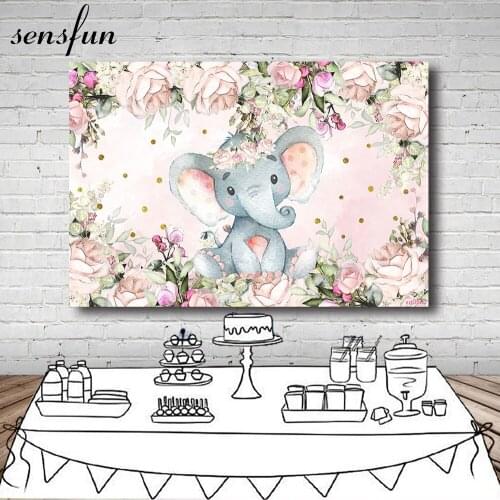 Sensfun Elephant Baby Shower Newborn Party Backdrops Pink Flowers Girls 1st Birthday Party Photography Backgrounds Custom Banner