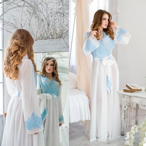 Chiffon Lace Prom Maternity Dress for Photoshoot Blue Bathrobe Full Sleeve Bridal Sleepwear vestido de fiesta abiye kaftan
