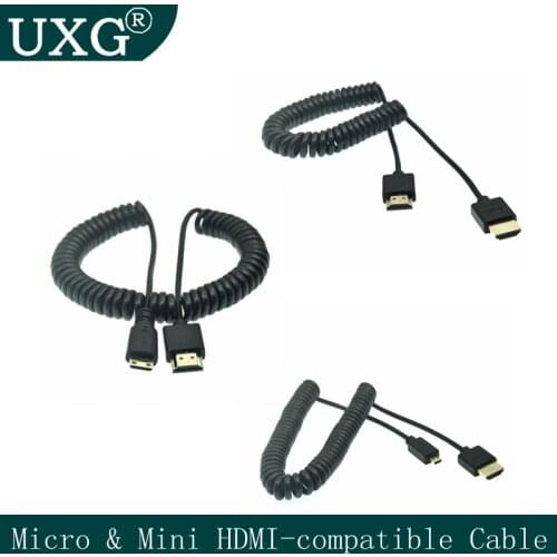 OD 3.0mm Mini HDMI-to Hdmi Coiled Cable HDMI-2.0 To Micro Hdmi & Hdmi Stretch Spring Curl Flexible Thin Cables 2k 4k Hd @60hz
