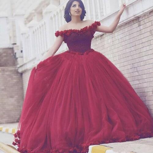 SuperKimJo Burgundy Beaded Lace Prom Dresses Ball Gown Robes De Bal 3D Flowers Elegant Arabic Prom Gowns Vestidos De Noite