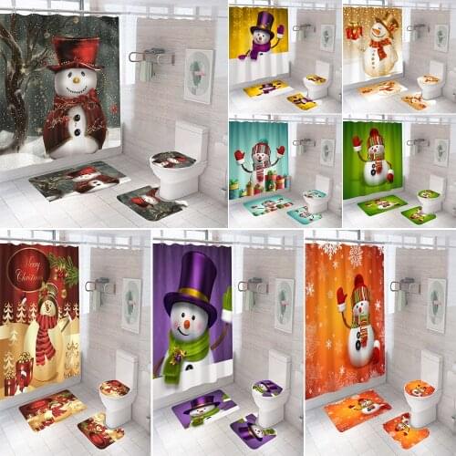Funny Lovely Snowman Pattern Bathroom Curtain Merry Christmas Shower Curtains Anti-skid Bath Rugs Carpet Toilet Cover Home Decor