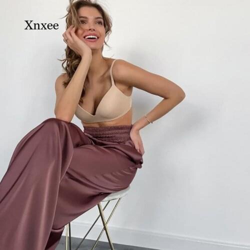 Women Solid Elegant Satin Wide Leg Pants Elastic High Waist Oversized Silk Vintage Fashion Straight Trousers Casual Loose Bottom