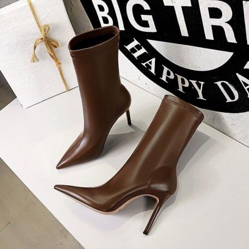 Autumn Women Ankle Boots Shoes Comfortable Soft Pu Leather High Heels Sock Boots Fashion Pointed Toe Stiletto Heel Party Shoes