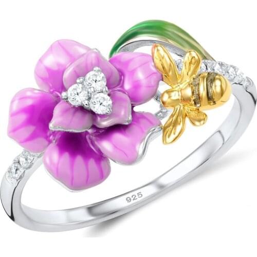 Women Cute Bee Flower Flower Silver Zircon Rings Handmade Enamel Multi-layer Petal Leaf Lovely Wedding Finger Rings Best Gifts