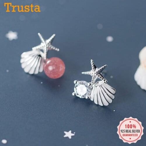 Trustdavis Genuine 925 Sterling Silver Fashion Asymmetric Starfish Shells Stud Earrings For Women Wedding Party Jewelry DA1235