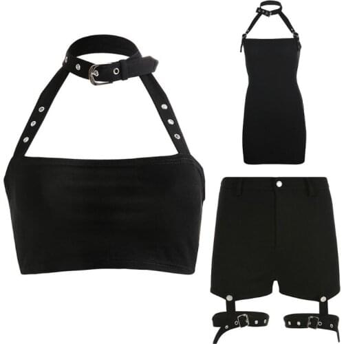 Women Harajuku Gothic Punk Choker Halter Crop Top Metal Buckle Backless Camisole High Waist Garters Shorts Bodycon Mini Dress